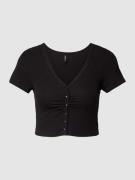 Only Cropped T-Shirt mit Knopfleiste Modell 'BELIA' in Black, Größe XS