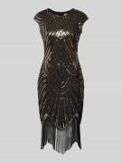 Apricot Minikleid mit Pailletten und Fransen in Black, Größe L