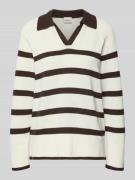 Stefanel Gestreifter Pullover mit Polokragen in Mittelbraun, Größe L