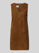 Stefanel Minikleid aus Leder mit V-Ausschnitt in Hazel, Größe 34